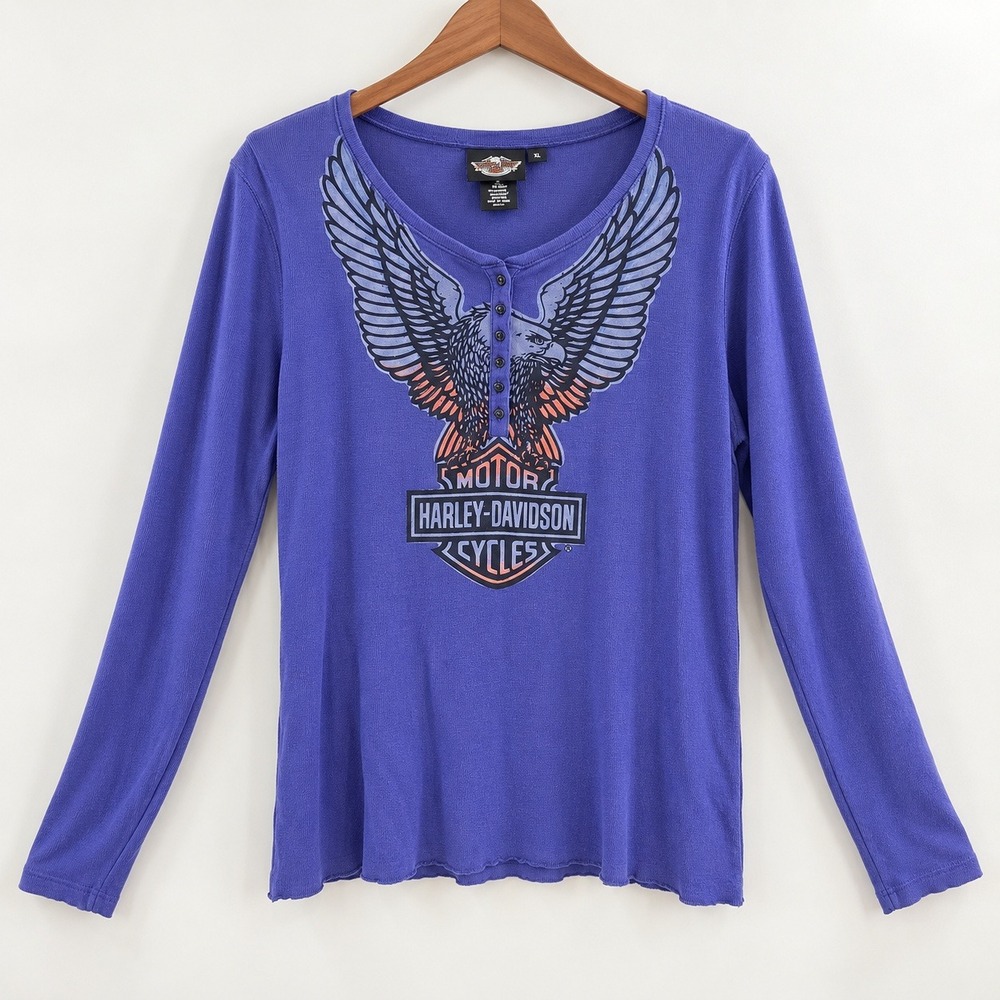 Harley-Davidson Biker Core Henley Top Women XL Purple Eagle Graphic Long Sleeve